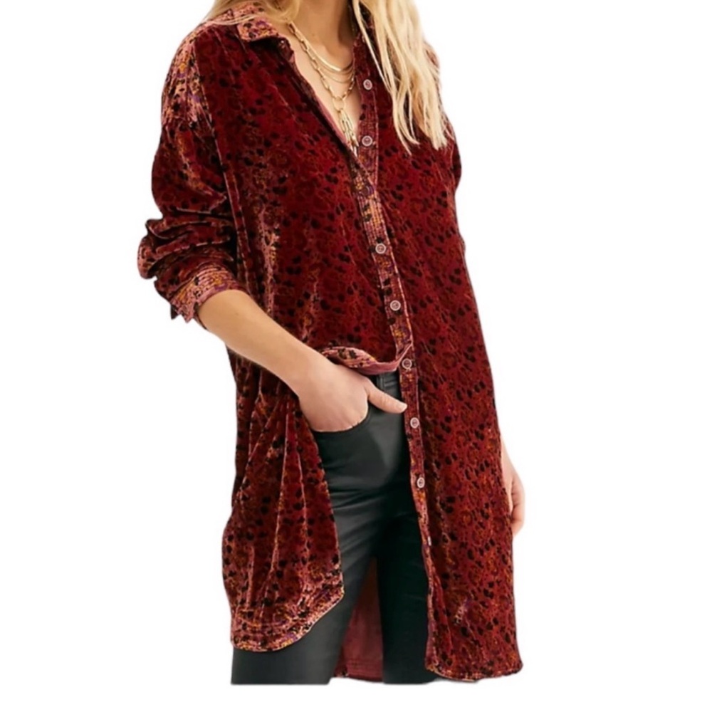 We The Free Velvet Button-Down Tunic in Burgundy Floral